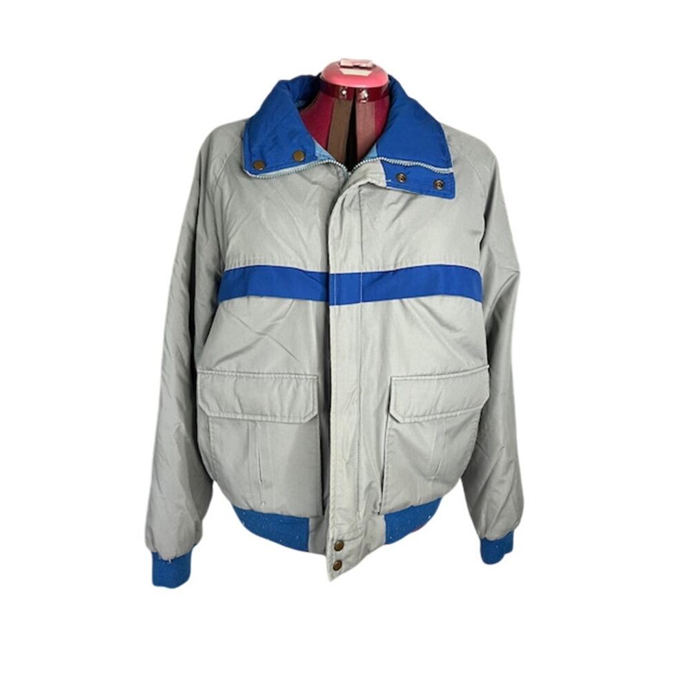 Winter coat grey blue stripe 1980s